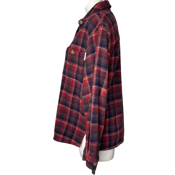 Timberland Wool Plaid Button Up Shirt M Red Black Tan Women’s Shacket - Picture 2 of 7